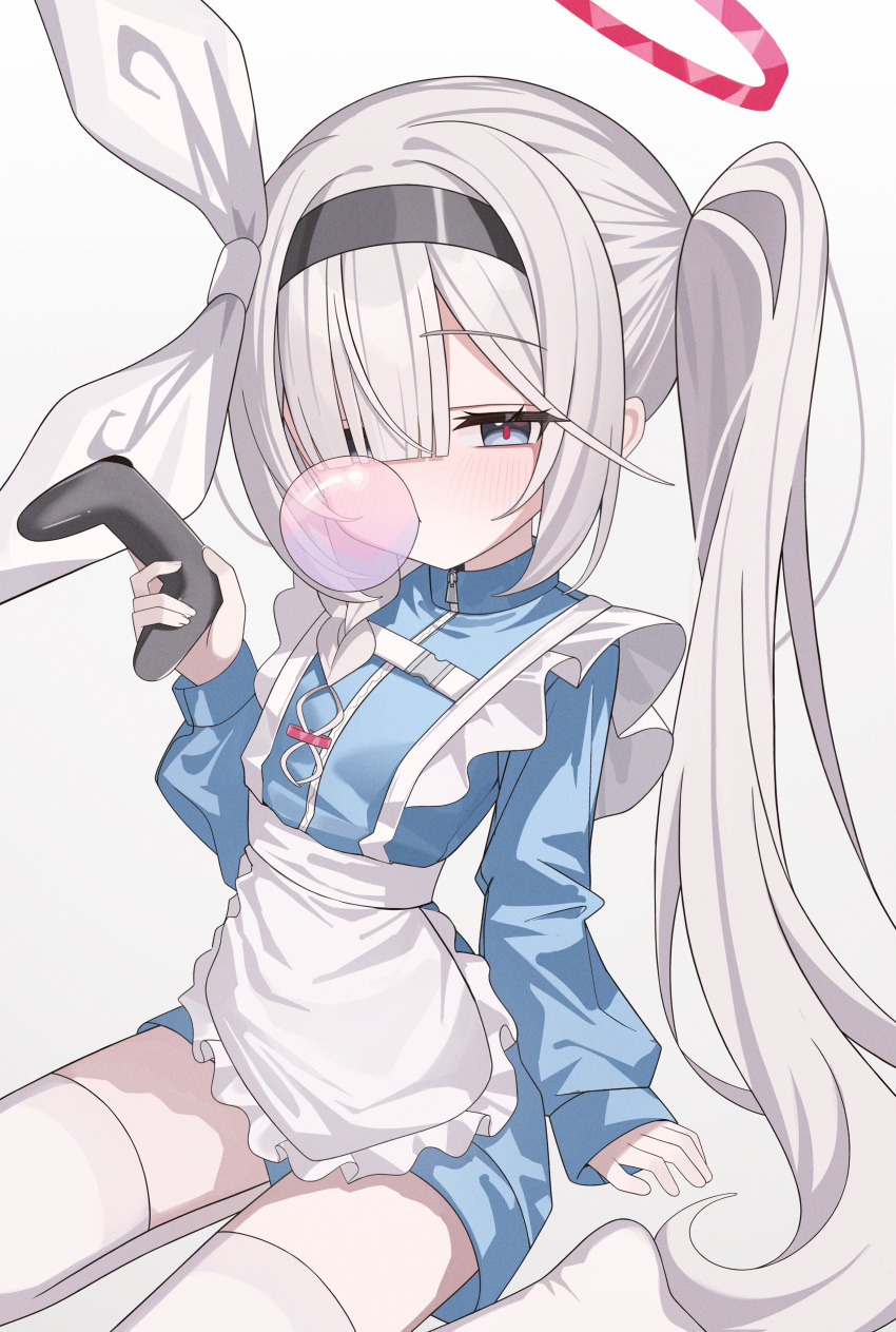1girl, absurdres, alternate_costume, apron, black_eyes, black_hairband, blowing_bubble_gum, blue_archive