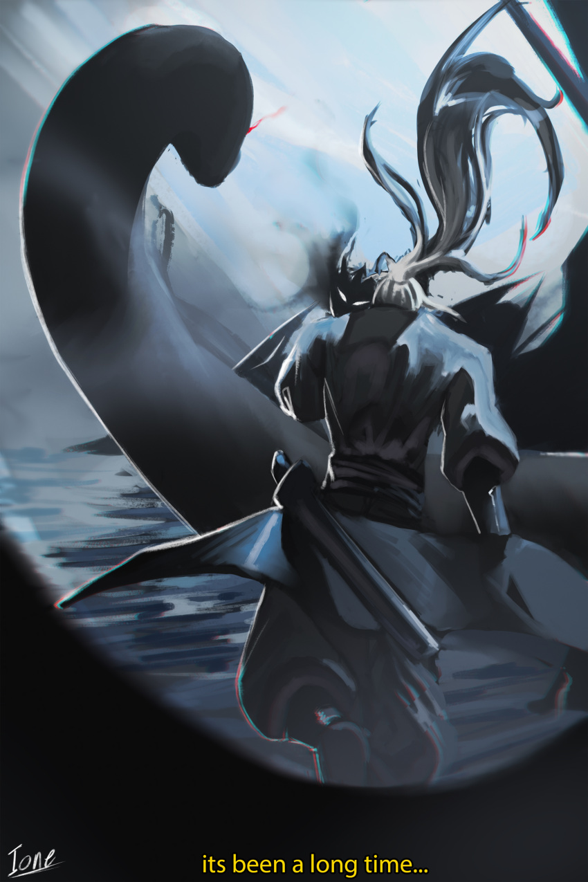 1boy, absurdres, animal, black_robe, black_tunic, chromatic_aberration, cqu, creature, english_text, feet_out_of_frame, from_behind, high_ponytail, highres, long_hair, male_focus, mongrel_(shadow_slave), ponytail, robe, shadow_slave, solo, sunny_(shadow_slave), tunic, white_hair, wind, wind_lift