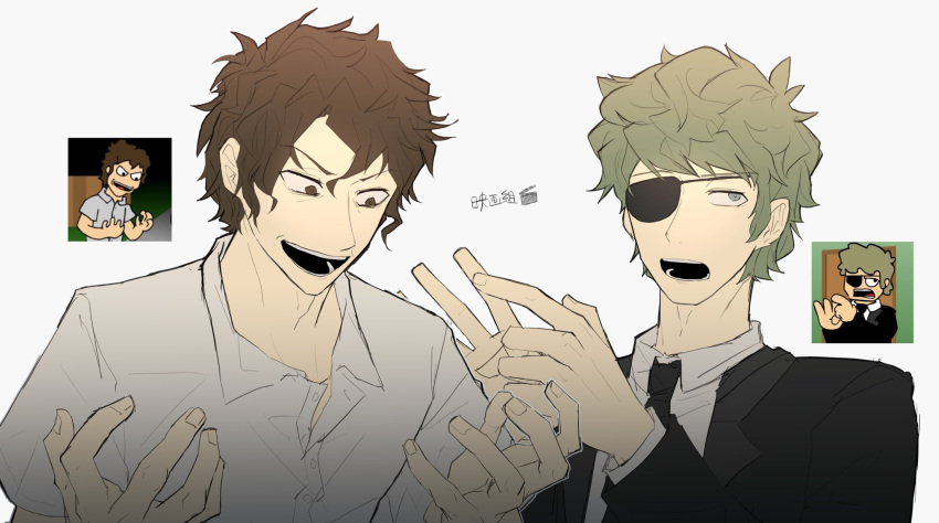 210hal3, 2boys, animification, black_jacket, black_necktie, black_suit, blonde_hair, brown_eyes