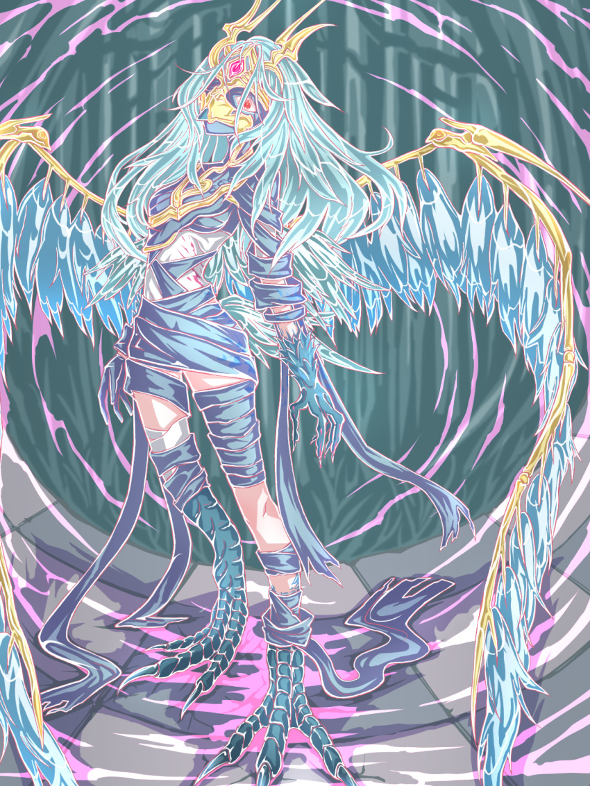1girl, animal_feet, aura, blue_hair, breasts, commentary_request, corruption, dark_aura