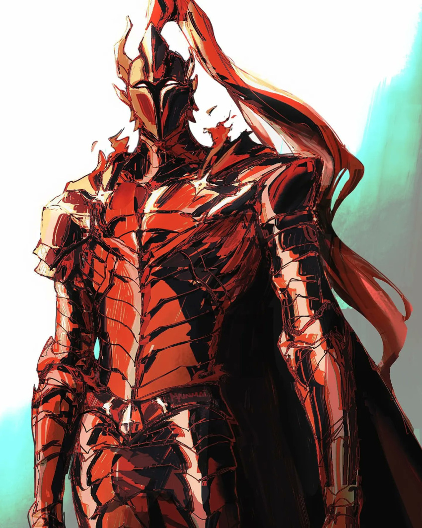 1boy, armor, cape, covered_face, cowboy_shot, highres, igris_(solo_leveling), knight, plume, red_armor, red_cape, ryunmaii, solo, solo_leveling