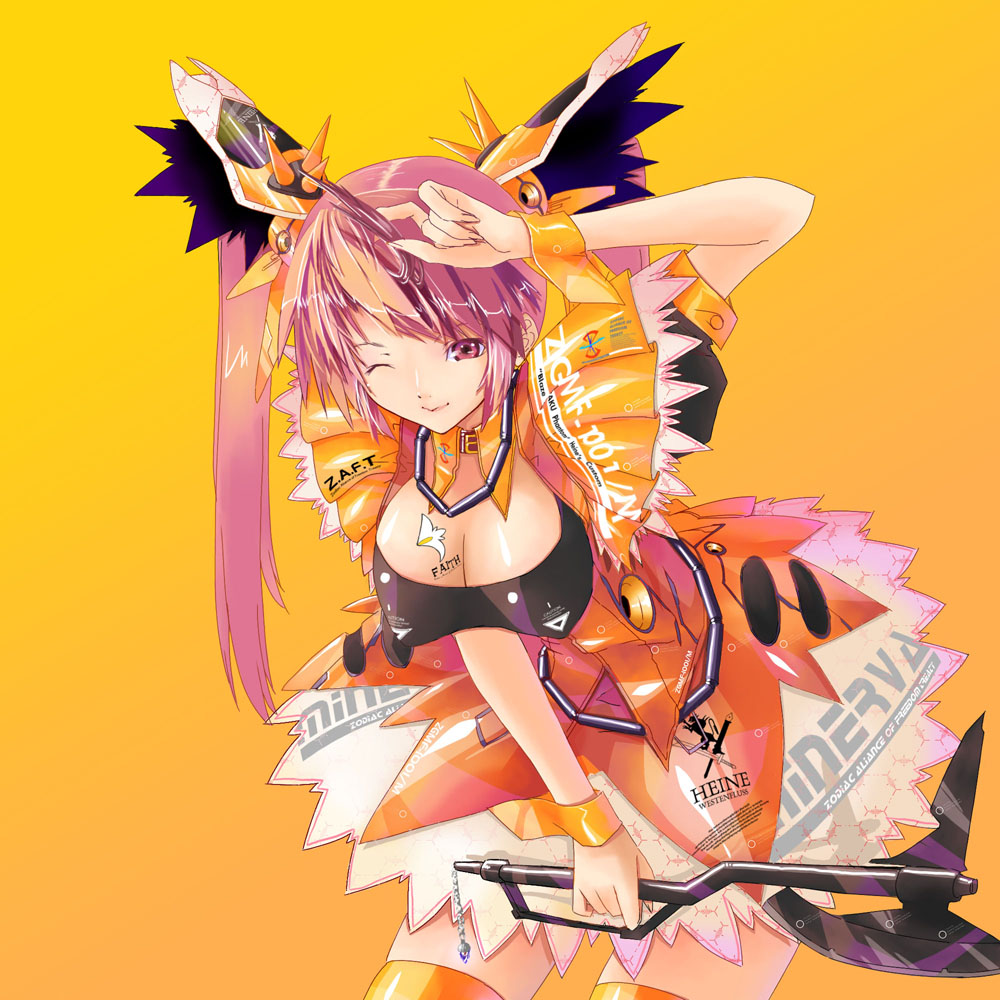 axe, breasts, cleavage, gundam, gundam_seed, gundam_seed_destiny, hair_ornament, ky, large_breasts, lips, mecha_musume, purple_eyes, purple_hair, simple_background, thigh-highs, thighhighs, twintails, violet_eyes, weapon, wink, zaku, zaku_phantom