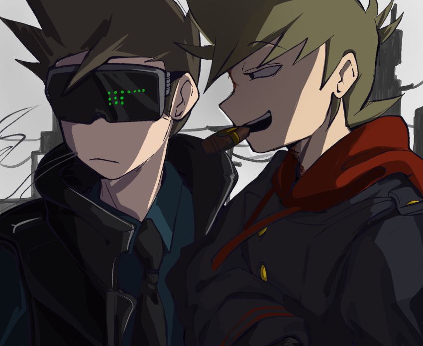 2boys, animification, antenna_hair, black_eyes, black_necktie, black_vest, blue_coat, blue_shirt