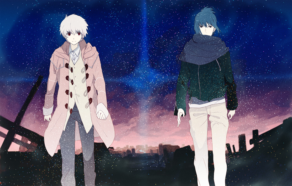 bad_id, blue_hair, coat, jacket, male, multiple_boys, nezumi_(no.6), night