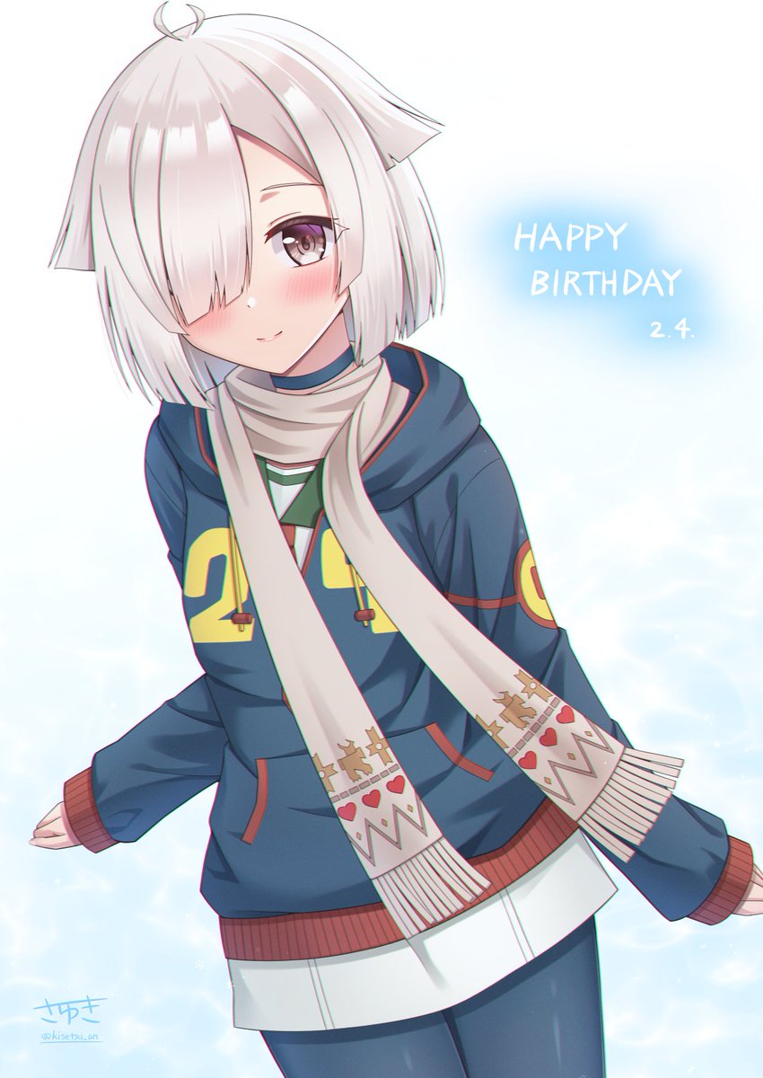 1girl, ahoge, black_pantyhose, blue_background, blue_hoodie, blue_jacket, blue_pantyhose, blush