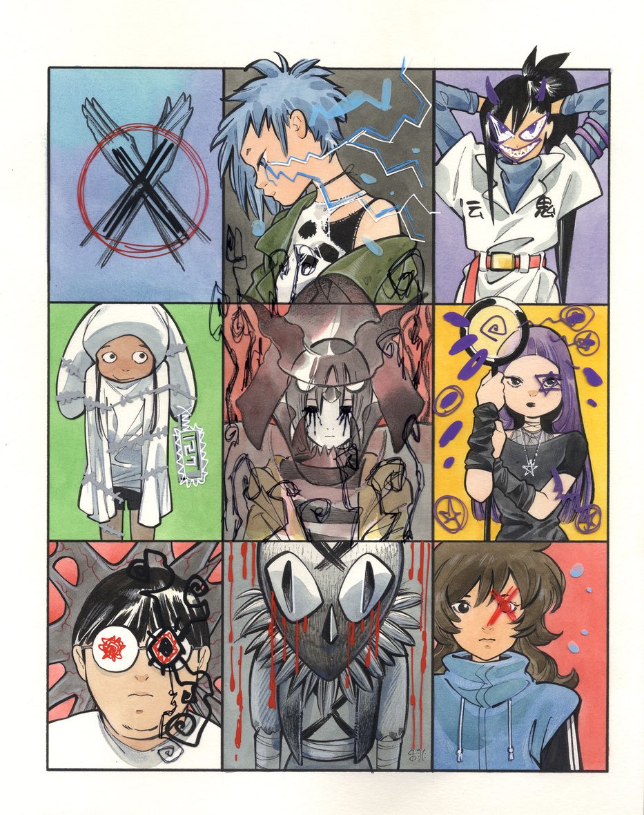 1boy, 6+girls, arms_behind_head, ashida_noriko, black_hair, black_shirt, blue_eyes, blue_hair