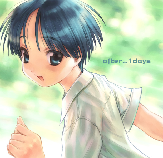 1girl, blue_eyes, blue_hair, collared_shirt, english_text, from_side, goto_p, hand_up