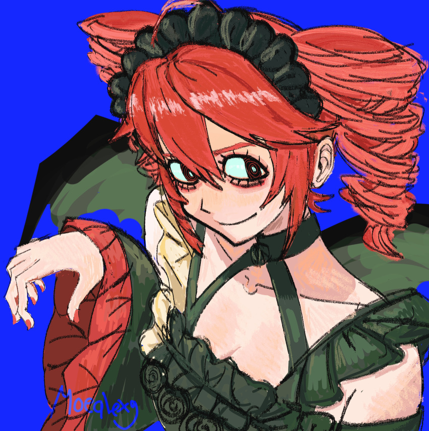 @_@, absurdres, black_dress, black_hairband, black_robe, blue_background, demon_wings, dress, drill_hair, frilled_dress, frilled_hairband, frilled_sleeves, frills, hairband, hashtag-only_commentary, hatsuno, highres, kasane_teto, light_smile, official_alternate_costume, red_hair, red_nails, robe, simple_background, solo, twin_drills, twintails, utau, wings