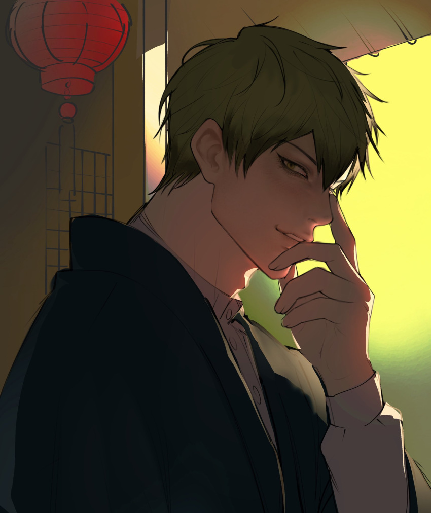 1boy, adam's_apple, black_hair, colored_tips, commentary, eyelashes, green_hair, hands_on_own_face