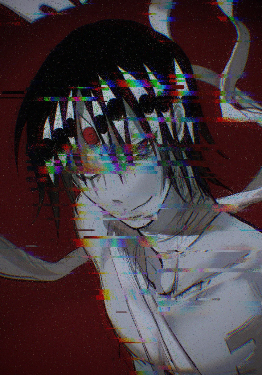 1boy, asura_(soul_eater), bandages, black_hair, chromatic_aberration, extra_eyes, film_grain, glitch