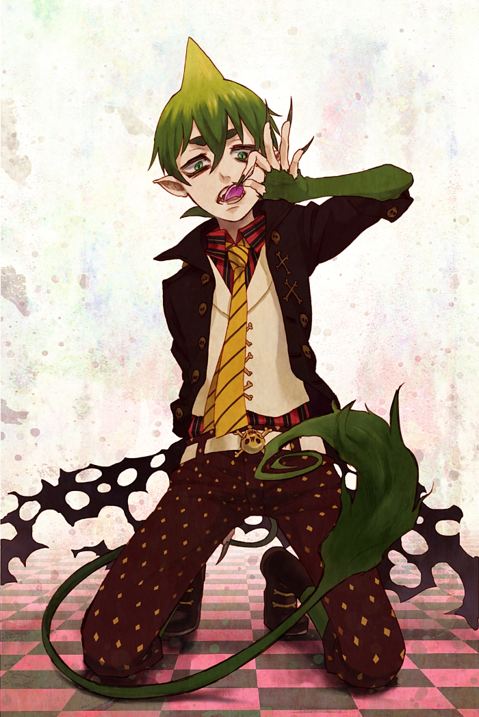 amaimon, ao_no_exorcist, belt, candy, green_eyes, green_hair, hachiya_mitsu, lollipop, male, necktie, pointy_ears, punk, punk_fashion, skull, solo, striped, striped_necktie, tail, torn_clothes