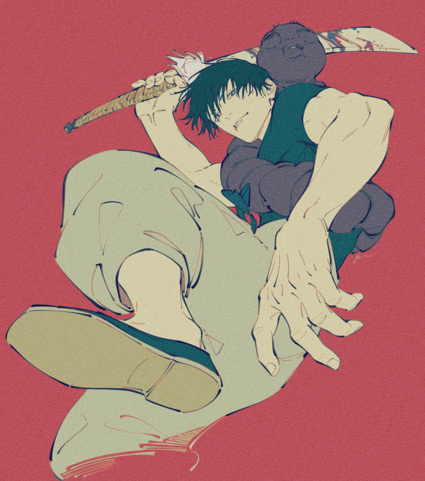 1boy, arm_up, black_shirt, black_shoes, blood, blood_on_weapon, commentary, film_grain