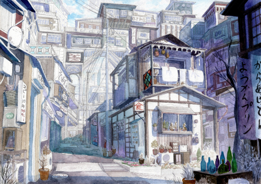 alley, bottle, building, cityscape, commentary_request, day, highres, house