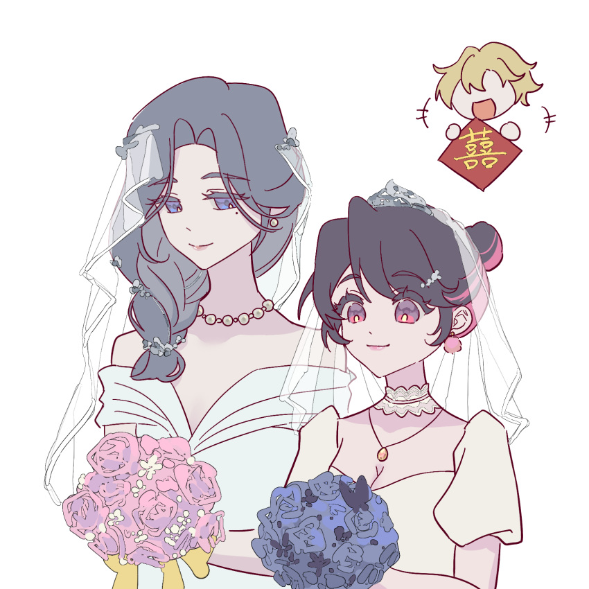 black_hair, blue_eyes, bouquet, braid, bride, chibi, chibi_inset, chinese_commentary, commentary_request, dress, earrings, grey_hair, hair_bun, hair_over_shoulder, highres, holding, holding_bouquet, jewelry, lipgloss, love_curse:_find_your_soulmate, mole, mole_under_eye, multicolored_hair, necklace, pink_eyes, pink_hair, rosalie_qi, selene_yan, simple_background, smile, swept_bangs, tiara, tilamisudaiwozou077, translation_request, two-tone_hair, upper_body, veil, victoria_qi, wedding, wedding_dress, white_background, white_dress, wife_and_wife, yuri