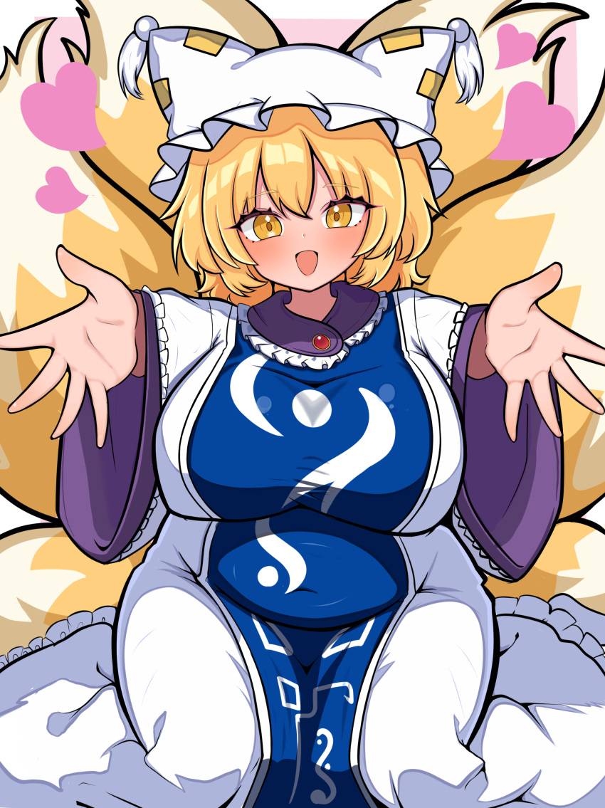 1girl, absurdres, black_outline, blonde_hair, blue_tabard, blush, border, breasts