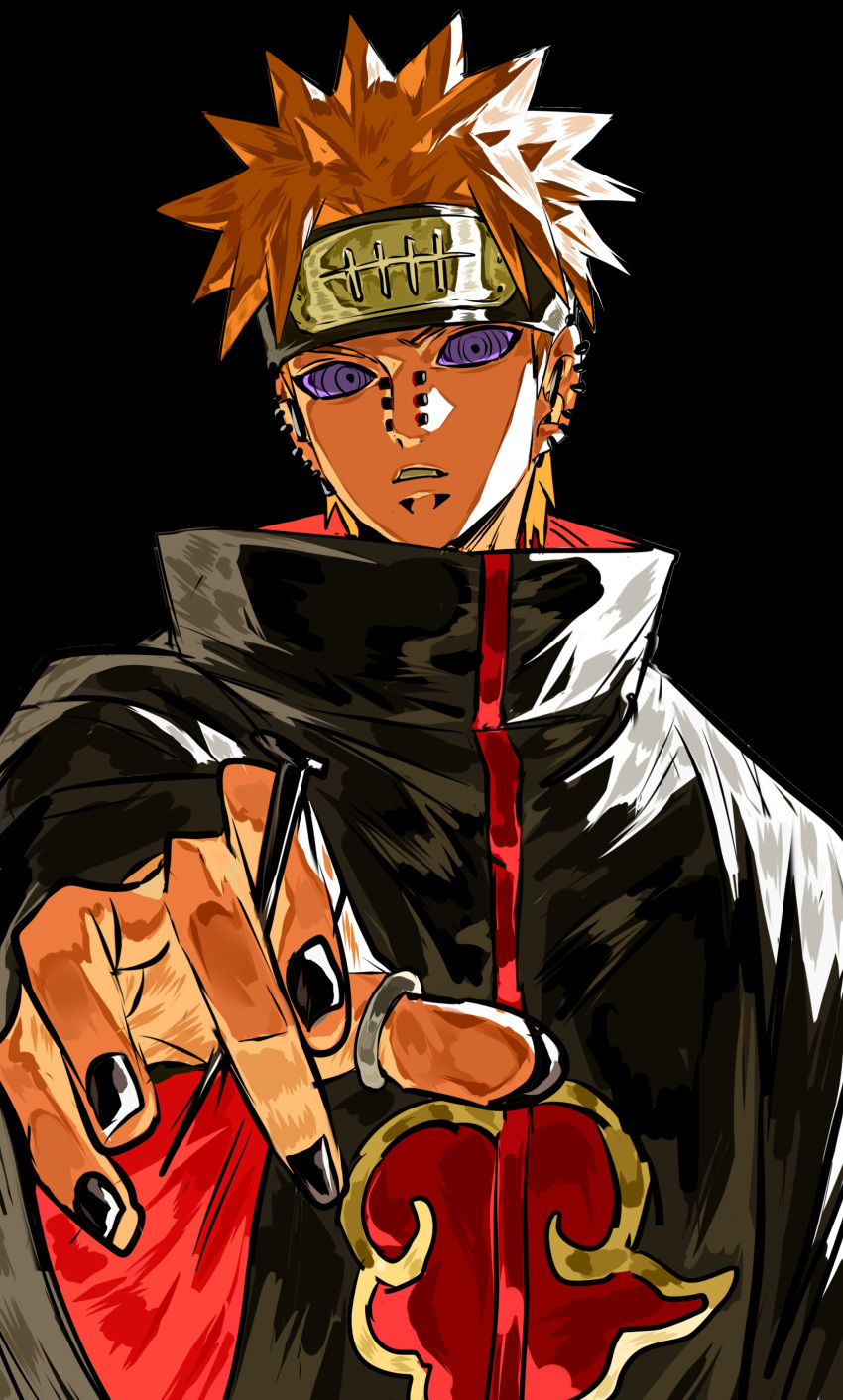 1boy, absurdres, akatsuki_uniform, amegakure_symbol, barbell_piercing, black_background, black_nails, ear_piercing