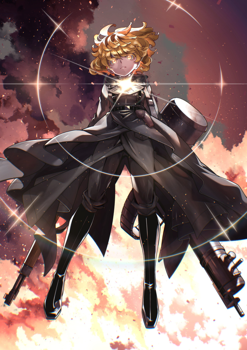 1girl, absurdres, ahoge, arms_behind_back, belt, black_belt, black_boots, blonde_hair