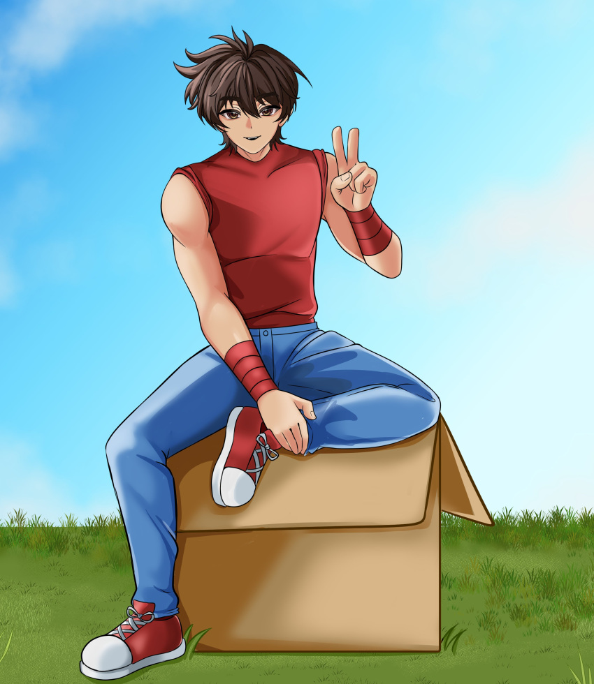 1boy, absurdres, box, bracelet, brown_eyes, brown_hair, cardboard_box, denim