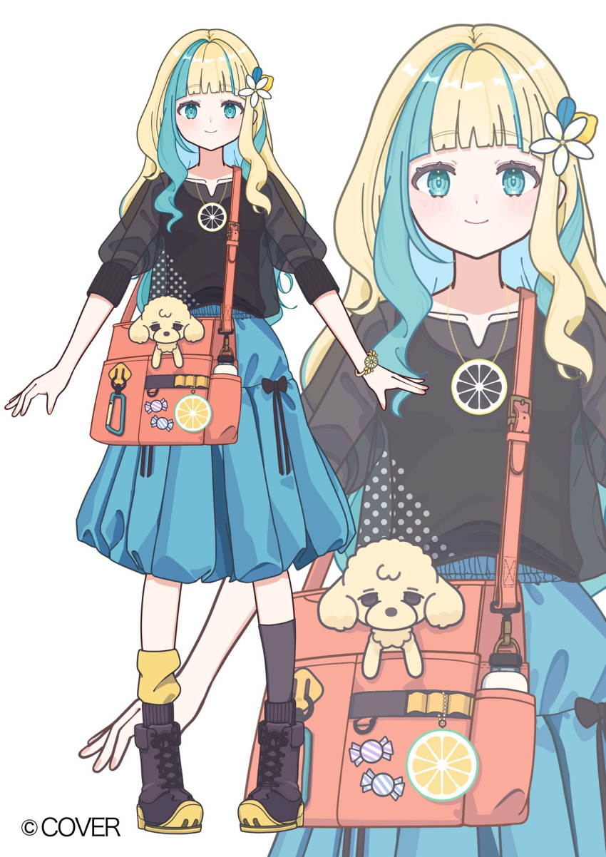 1girl, bag, black_bow, black_shirt, black_shoes, blonde_hair, blue_eyes, blue_hair, blue_skirt, blunt_bangs, bottle, bow, candy, carabiner, commentary_request, copyright_notice, dog, flower, food, food-themed_hair_ornament, hair_flower, hair_ornament, highres, hololive, lemon_hair_ornament, lemon_necklace, lemon_ornament, long_hair, medium_skirt, multicolored_hair, official_art, pleated_skirt, puffy_short_sleeves, puffy_sleeves, red_bag, setouchi_lemon, shirt, shoes, short_sleeves, shoulder_bag, skirt, skirt_bow, socks, solo, streaked_hair, tachi-e, tsukitoinu, virtual_youtuber, water_bottle, yellow_socks, zoom_layer