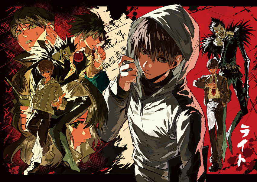 1girl, 4boys, absurdres, adjusting_hood, bag, belt, black_belt, black_hair