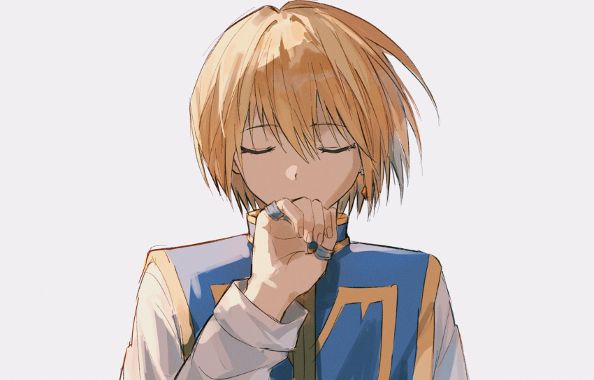 1boy, blonde_hair, blue_tabard, closed_eyes, earrings, fingernails, hand_chains, hashtag-only_commentary