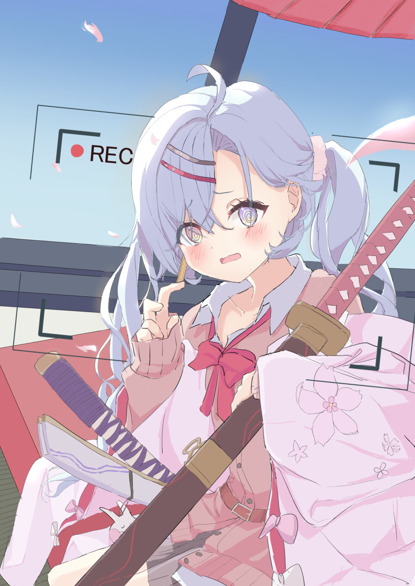 1girl, @_@, absurdres, ahoge, asymmetrical_bangs, blue_eyes, blush, bow