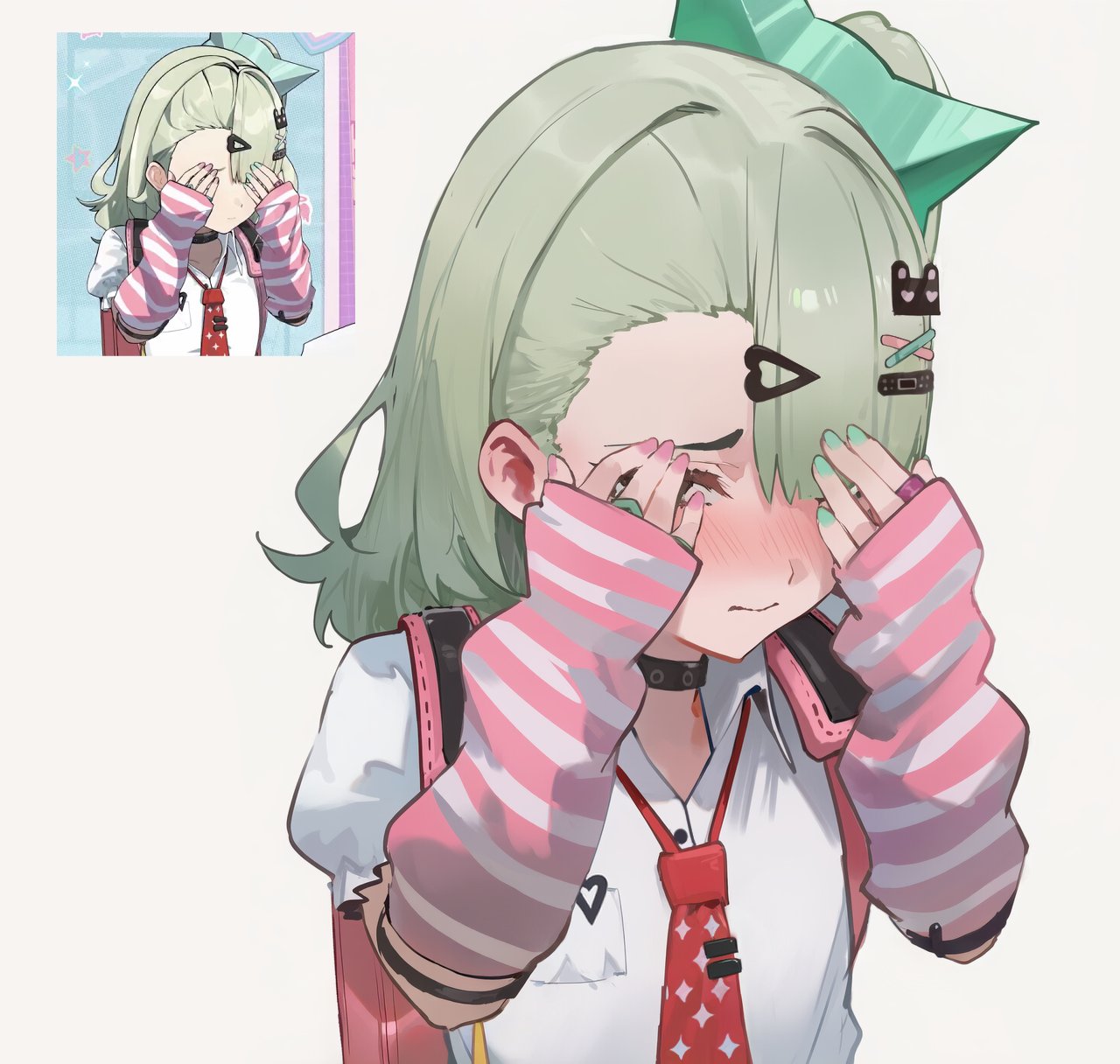 1girl, aqua_nails, arm_warmers, bandaid, bandaid_hair_ornament, commentary_request, covering_own_eyes, english_commentary
