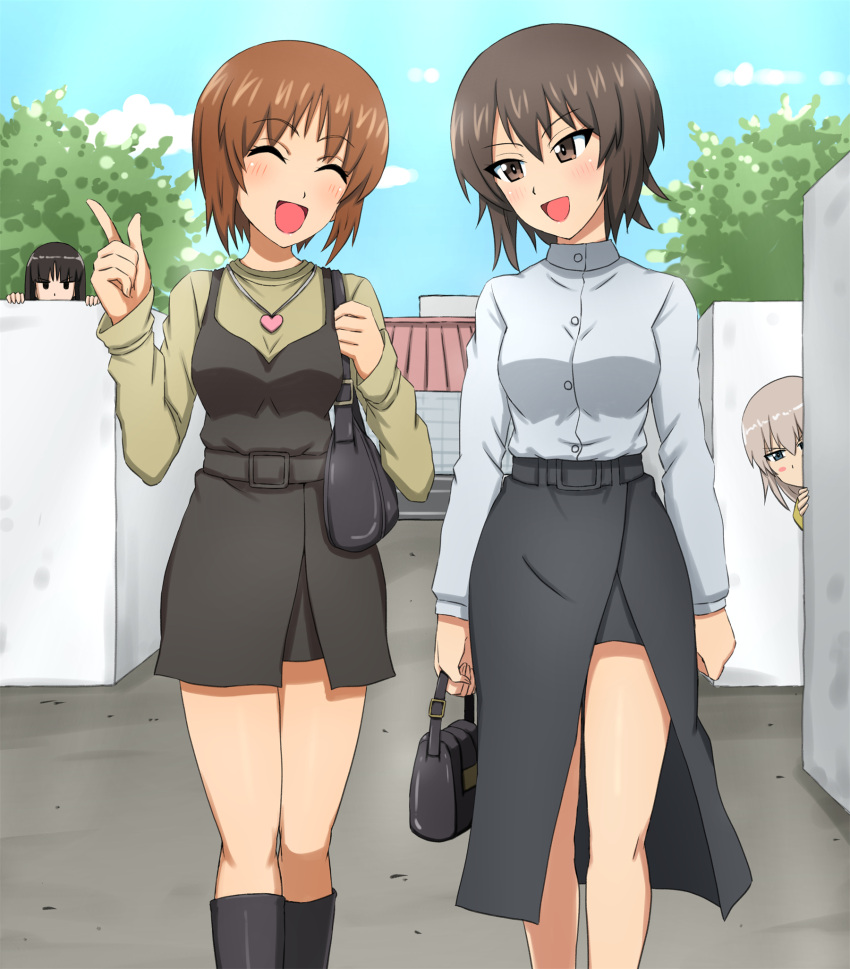 4girls, around_corner, bag, black_boots, black_dress, black_hair, black_skirt, blue_eyes