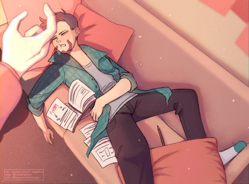 2boys, asymmetrical_hair, black_pants, book, brown_hair, brown_pants, closed_eyes, couch