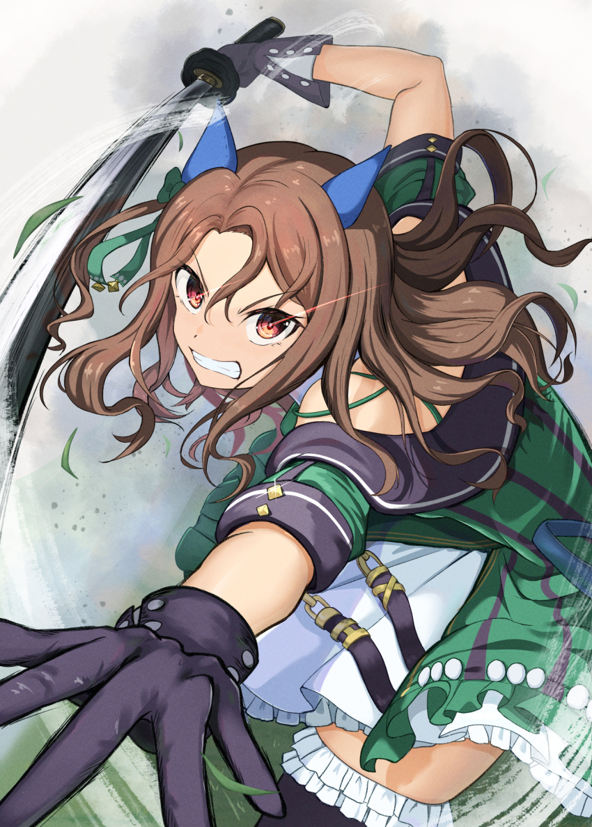1girl, animal_ears, bare_shoulders, black_gloves, black_thighhighs, bow, brown_hair, coat, commentary_request, dress, ear_bow, ear_covers, ear_ribbon, eye_trail, frilled_thighhighs, frills, gloves, green_bow, green_dress, highres, holding, holding_sword, holding_weapon, horse_ears, horse_girl, king_halo_(king_of_emeralds)_(umamusume), king_halo_(umamusume), light_trail, long_hair, looking_at_viewer, off-shoulder_coat, off-shoulder_dress, off_shoulder, open_mouth, red_eyes, shuten_(shutehaan), solo, sword, teeth, thigh-highs, umamusume, upper_teeth_only, weapon