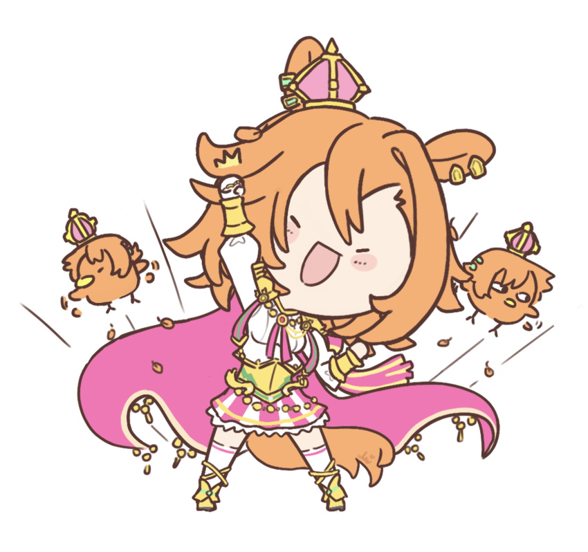 1girl, absurdres, animal_ears, arm_up, armor, beak, bird, blush, blush_stickers, boots, breasts, cape, chibi, chibi_only, clenched_hands, closed_eyes, commentary, crown, english_commentary, fingerless_gloves, flying, gloves, gold_boots, gold_corset, hair_between_eyes, highres, horse_ears, horse_girl, horse_tail, jewelry, long_sleeves, mini_crown, open_mouth, orange_hair, orange_tail, pink_cape, pink_crown, shirt, short_hair, shoulder_armor, simple_background, single_fingerless_glove, skirt, smile, t.m._opera_o_(o_sole_suo!)_(umamusume), t.m._opera_o_(umamusume), tail, thigh-highs, two-tone_skirt, ukichan22905846, umamusume, white_background, white_gloves, white_shirt, white_thighhighs, wings