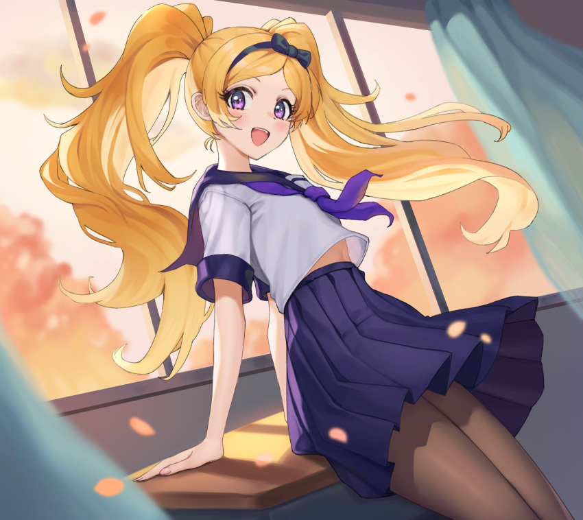 1girl, absurdres, blonde_hair, blush, brown_pantyhose, classroom, desk, emily_stewart
