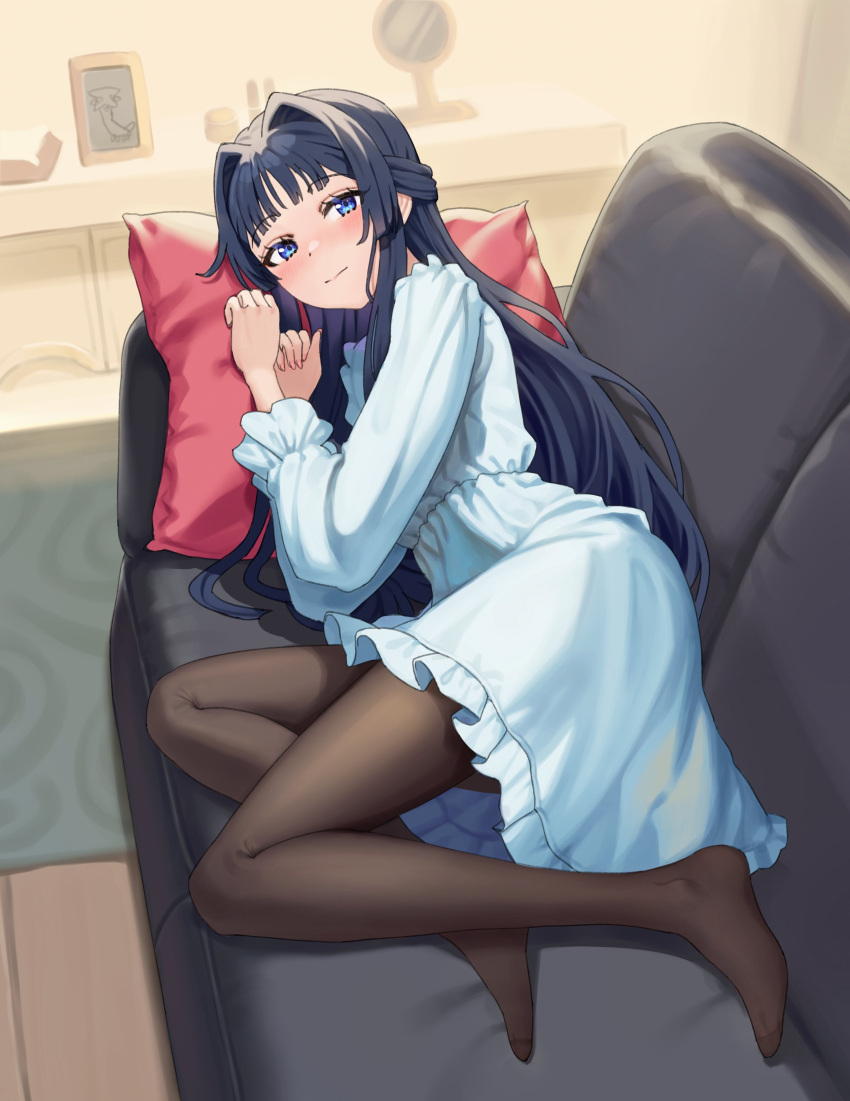 1girl, absurdres, black_hair, blue_eyes, brown_pantyhose, closed_mouth, commentary, couch