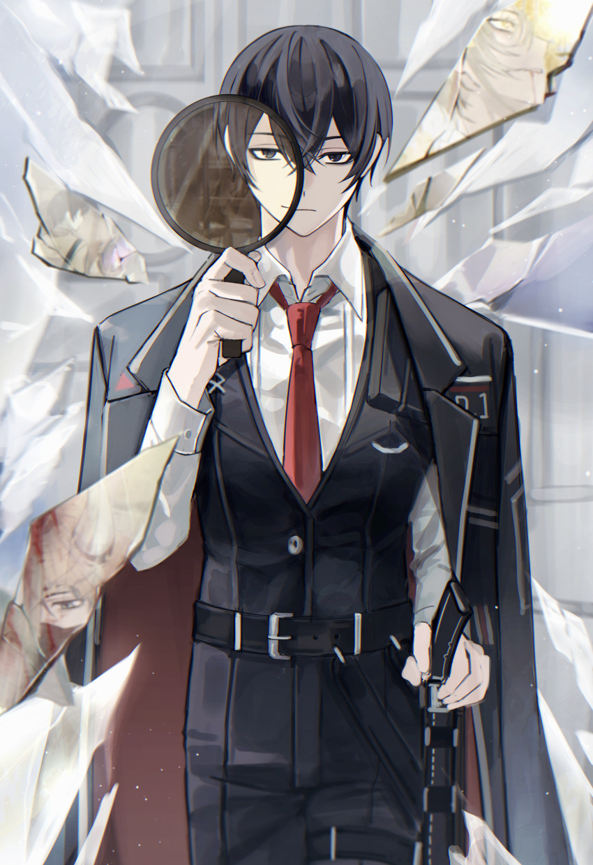 1girl, 2boys, 7ceta, absurdres, black_coat, black_eyes, black_hair, black_vest