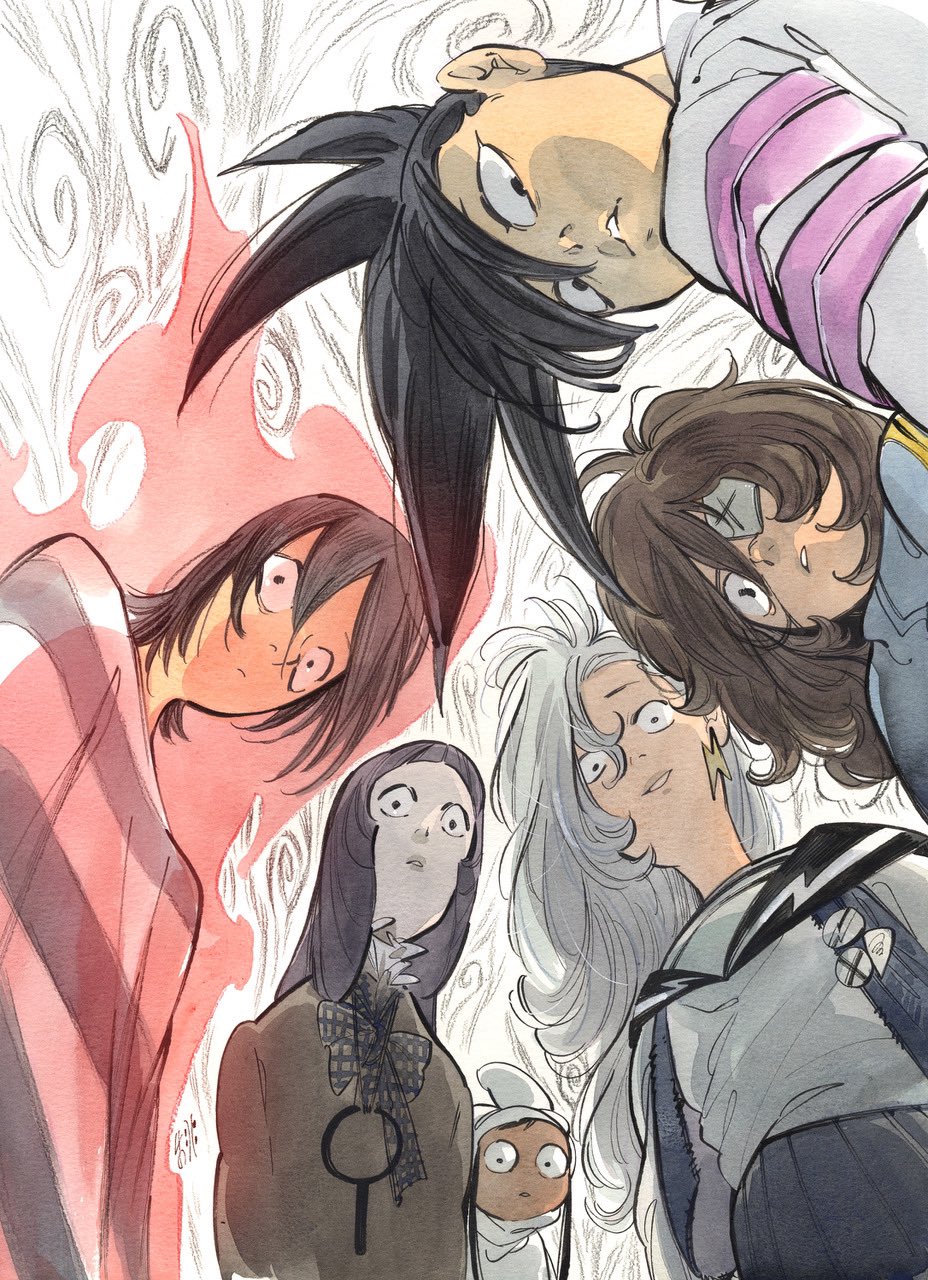 6+girls, aura, black_hair, black_skirt, black_vest, blue_track_suit, blunt_bangs, bow