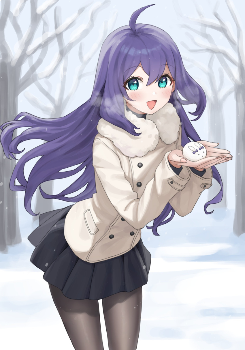 1girl, :d, absurdres, ahoge, bare_tree, black_pantyhose, black_skirt, blush