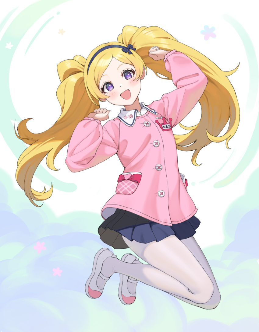 1girl, :d, absurdres, blonde_hair, blush, commentary, emily_stewart, full_body, hairband, highres, idolmaster, idolmaster_million_live!, jumping, long_hair, long_sleeves, looking_at_viewer, open_mouth, pantyhose, pink_shirt, pleated_skirt, ransol, shirt, shoes, skirt, smile, solo, symbol-only_commentary, twintails, violet_eyes, white_pantyhose, white_shoes