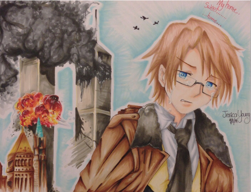 1boy, 9/11, aircraft, airplane, america_(hetalia), axis_powers_hetalia, black_necktie, blonde_hair