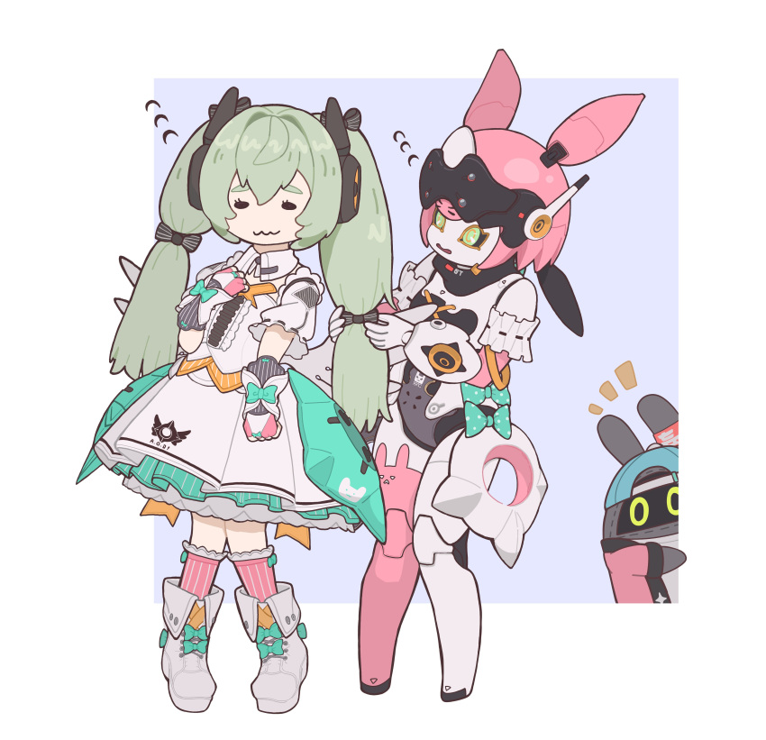 2girls, absurdres, aria_(zenless_zone_zero), aria_(zenless_zone_zero)_(cosplay), bangboo_(zenless_zone_zero), bow, commentary_request, corin_wickes