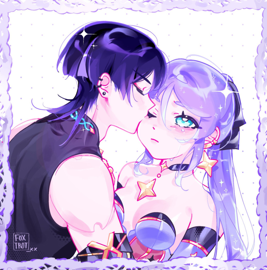 1boy, 1girl, adam's_apple, alternate_hairstyle, artist_name, bare_shoulders, black_bodysuit, black_choker, blue_eyes, blunt_ends, bodystocking, bodysuit, border, bow, breasts, bright_pupils, choker, closed_eyes, closed_mouth, couple, detached_sleeves, doll_joints, ear_piercing, earrings, eyelashes, eyeliner, facing_another, foxtrot_(foxtrot_xx), genshin_impact, glint, gold_earrings, gold_trim, hair_between_eyes, hair_bow, hashtag-only_commentary, hetero, highres, jewelry, joints, kiss, kissing_cheek, leotard, long_hair, looking_at_another, makeup, mona_(genshin_impact), one_eye_closed, piercing, pink_lips, ponytail, purple_border, purple_hair, purple_leotard, purple_sleeves, red_eyeliner, scaramouche_(genshin_impact), sidelocks, small_breasts, star_(symbol), star_choker, star_earrings, strapless, strapless_leotard, wanderer_(genshin_impact), white_background, white_pupils