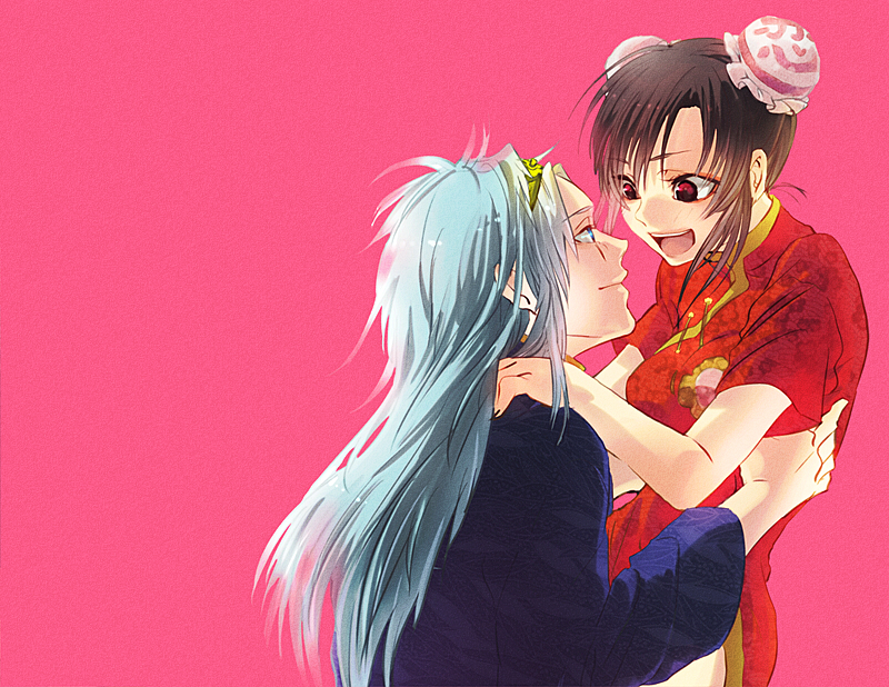 1girl, bad_id, blue_eyes, brown_hair, china_dress, chinese_clothes, couple, double_bun