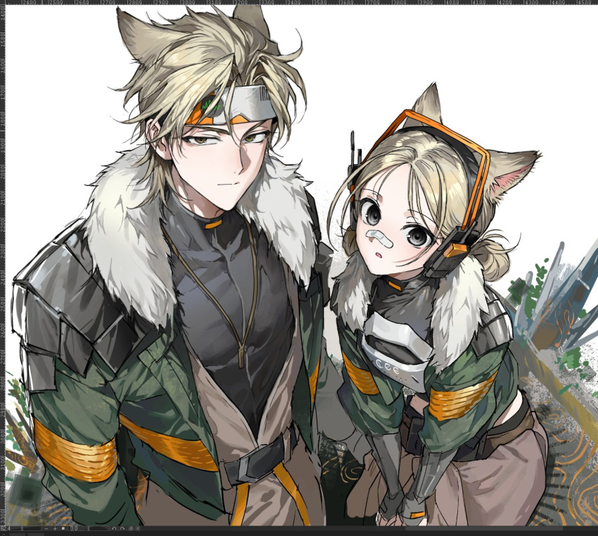 1boy, 1girl, :o, aleeza_collins_(arknights), animal_ears, arknights, arknights:_endfield, armor