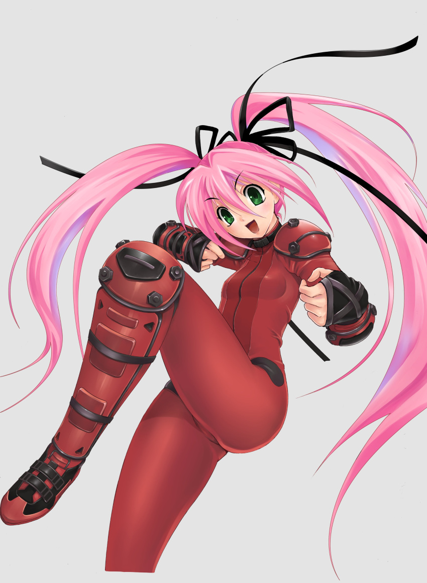 1girl, :d, absurdres, anime_coloring, black_ribbon, blush, bodysuit, breasts, commentary, drunken_fist, fighting_stance, gloves, green_eyes, hair_between_eyes, hair_ribbon, highres, knee_guards, leg_up, li_raichi, long_hair, long_sleeves, looking_at_viewer, matsuena_shun, official_art, open_mouth, pink_hair, red_bodysuit, red_shoes, ribbon, shijou_saikyou_no_deshi_ken'ichi, shin_guards, shoes, small_breasts, smile, solo, standing, standing_on_one_leg, symbol-only_commentary, twintails, v-shaped_eyebrows, very_long_hair, white_background