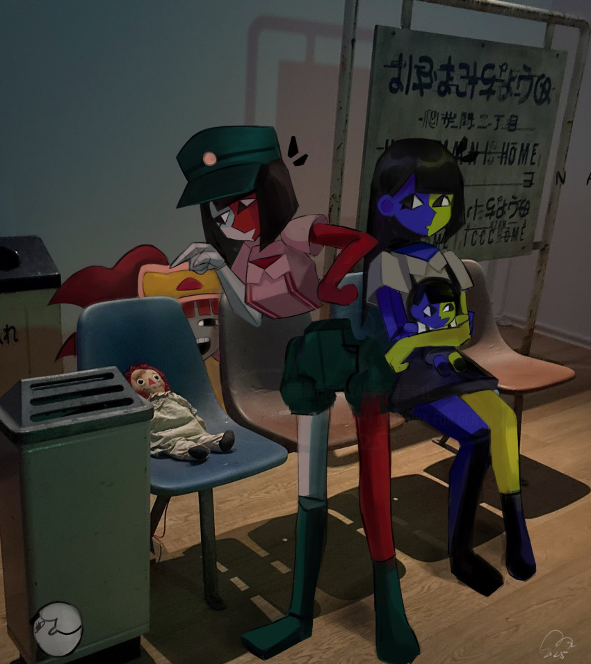 3girls, black_eyes, black_hair, blue_skin, blunt_bangs, blunt_ends, bob_cut, chair