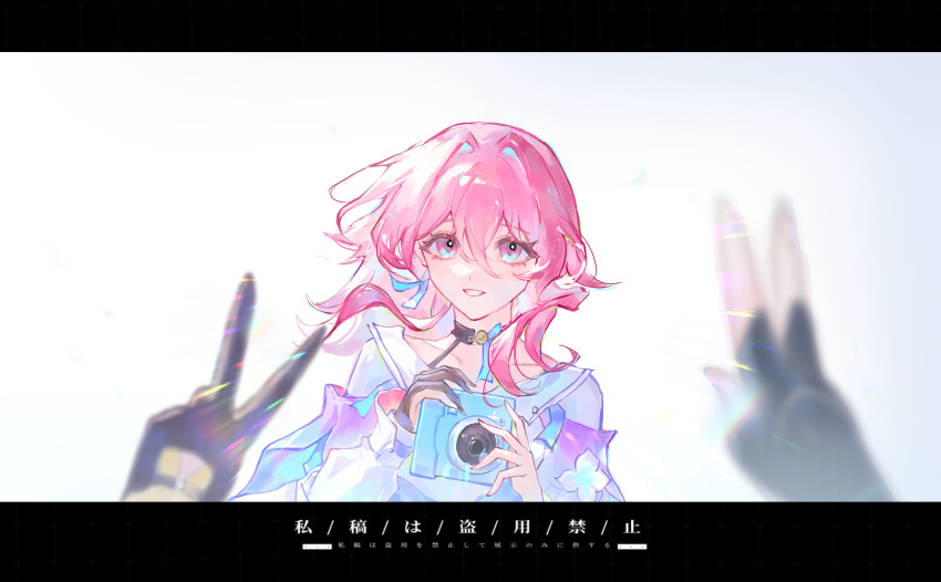 2girls, absurdres, aijiang013, black_gloves, camera, chinese_commentary, commentary_request, commission, double_v, dual_persona, evernight_(honkai:_star_rail), female_pov, fingerless_gloves, gloves, highres, holding, holding_camera, honkai:_star_rail, honkai_(series), letterboxed, looking_at_viewer, march_7th_(honkai:_star_rail), march_7th_(preservation)_(honkai:_star_rail), medium_hair, multicolored_eyes, multiple_girls, pink_hair, pov, pov_hands, shirt, two-tone_eyes, v