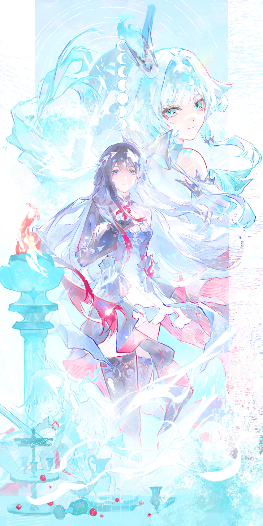 2girls, absurdres, aijiang013, black_hair, black_thighhighs, blue_dress, blue_eyes, blue_hair