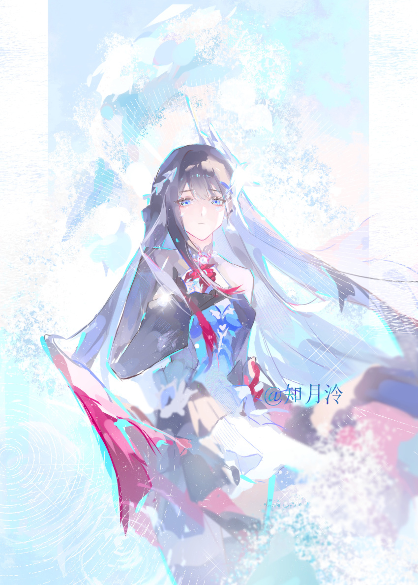 1girl, absurdres, aijiang013, black_dress, black_hair, black_shrug, blue_eyes, chinese_commentary