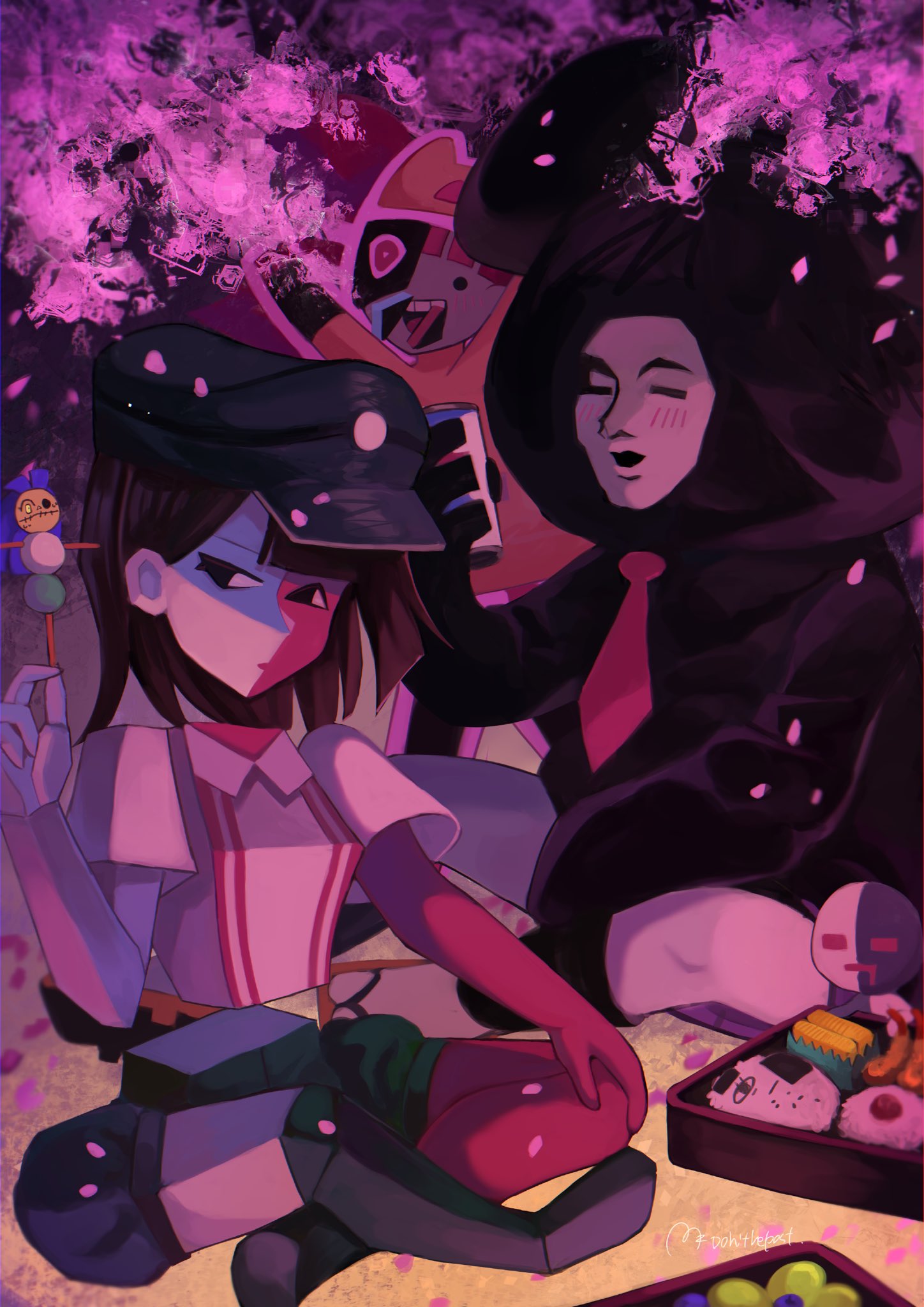 1boy, 1other, 2girls, blush, can, cherry_blossoms, drink_can, drunk