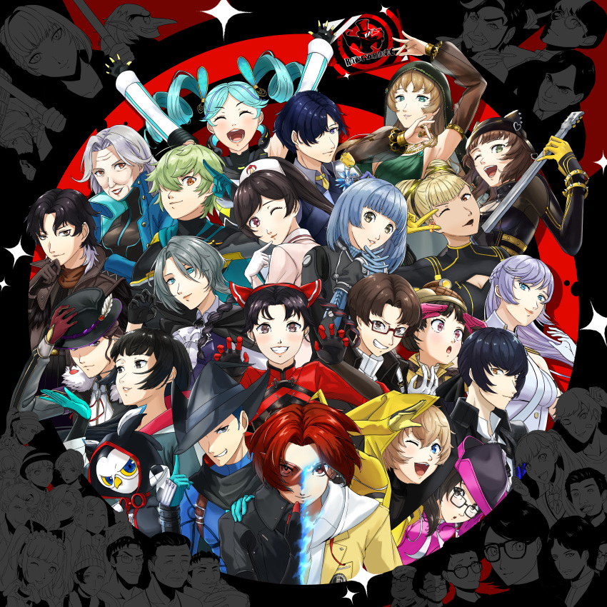 6+boys, 6+girls, absurdres, akashi_kei, arai_motoha, beanie, beard, bird