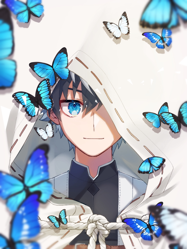1boy, black_hair, blue_butterfly, blue_eyes, bug, butterfly, charlemagne_(fate), commentary_request